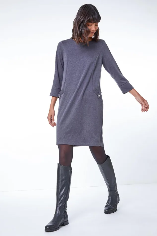 Women Dark Grey Button Detail Stretch Shift Dress Roman Dresses
