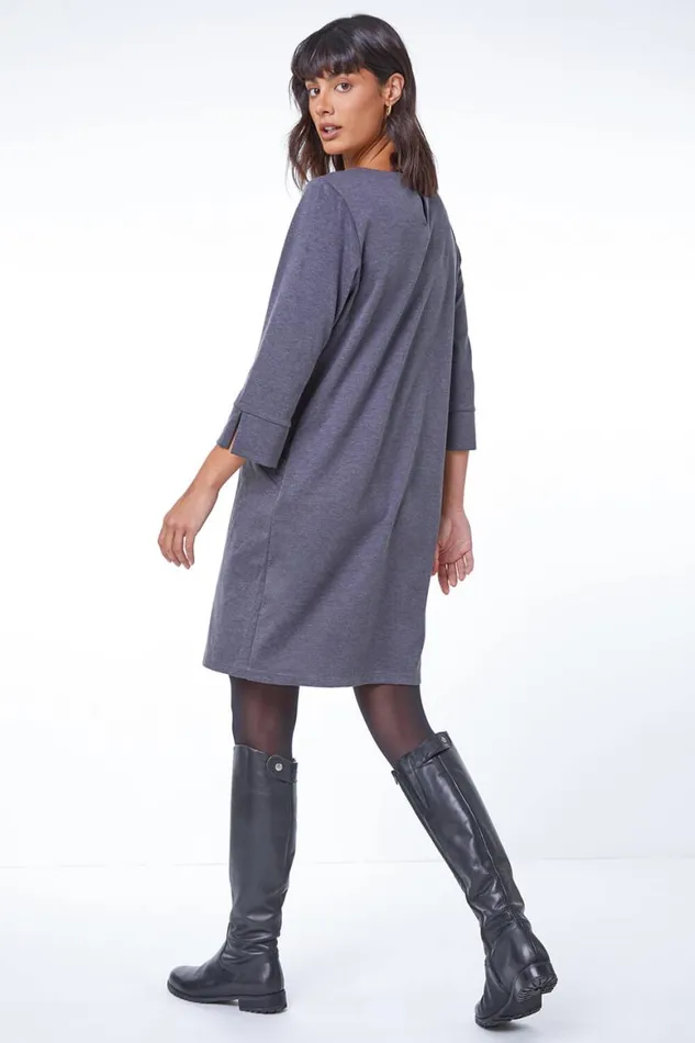 Women Dark Grey Button Detail Stretch Shift Dress Roman Dresses