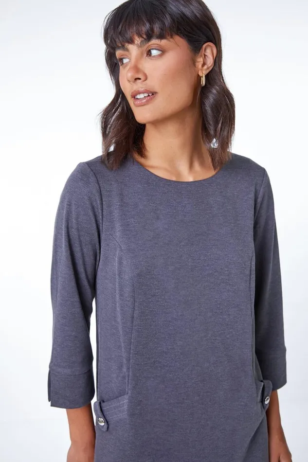 Women Dark Grey Button Detail Stretch Shift Dress Roman Dresses