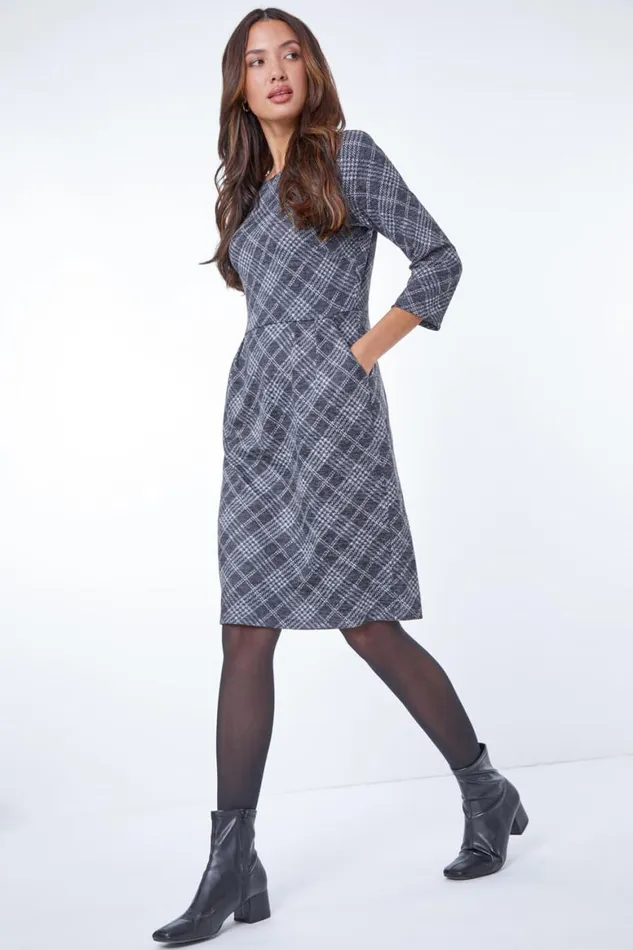 Women Dark Grey Checked Pleat Front Dress Roman Dresses