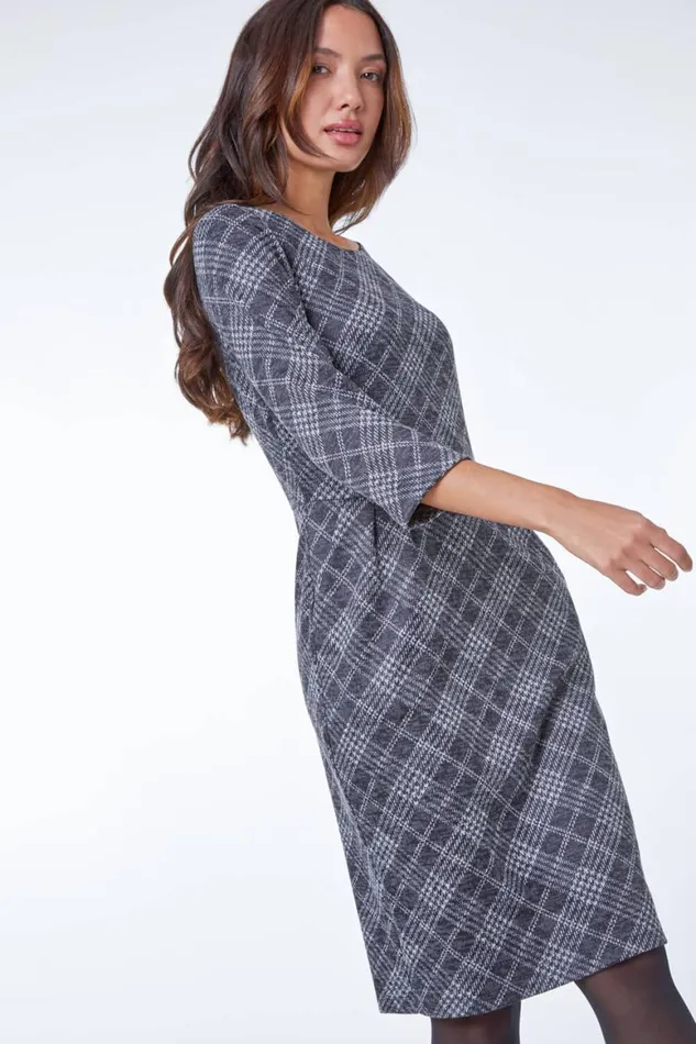Women Dark Grey Checked Pleat Front Dress Roman Dresses