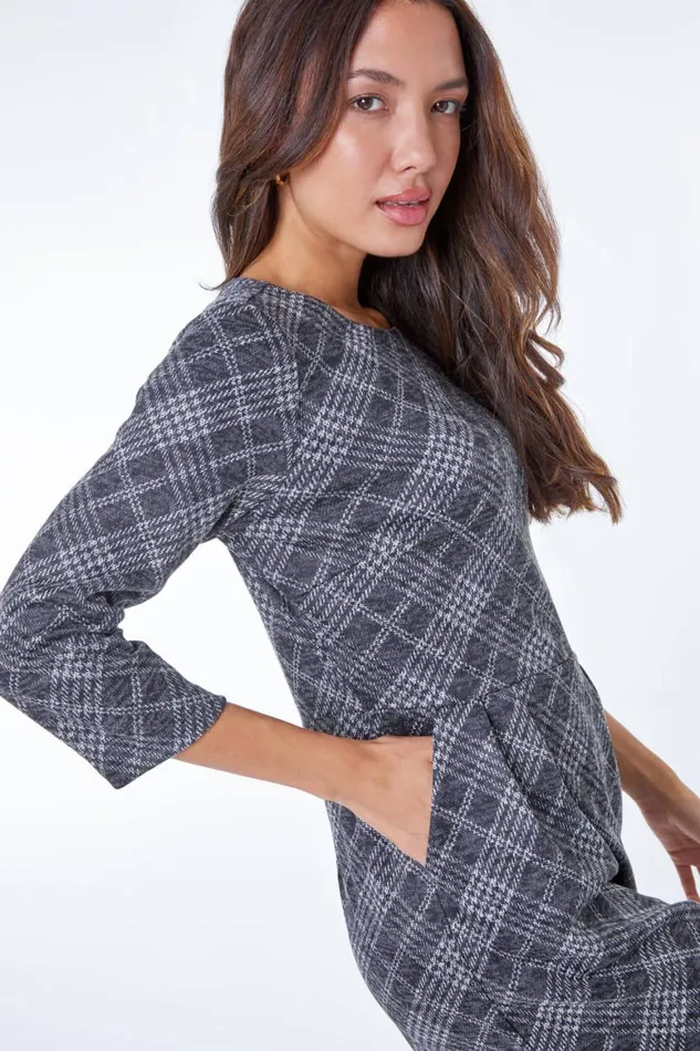 Women Dark Grey Checked Pleat Front Dress Roman Dresses