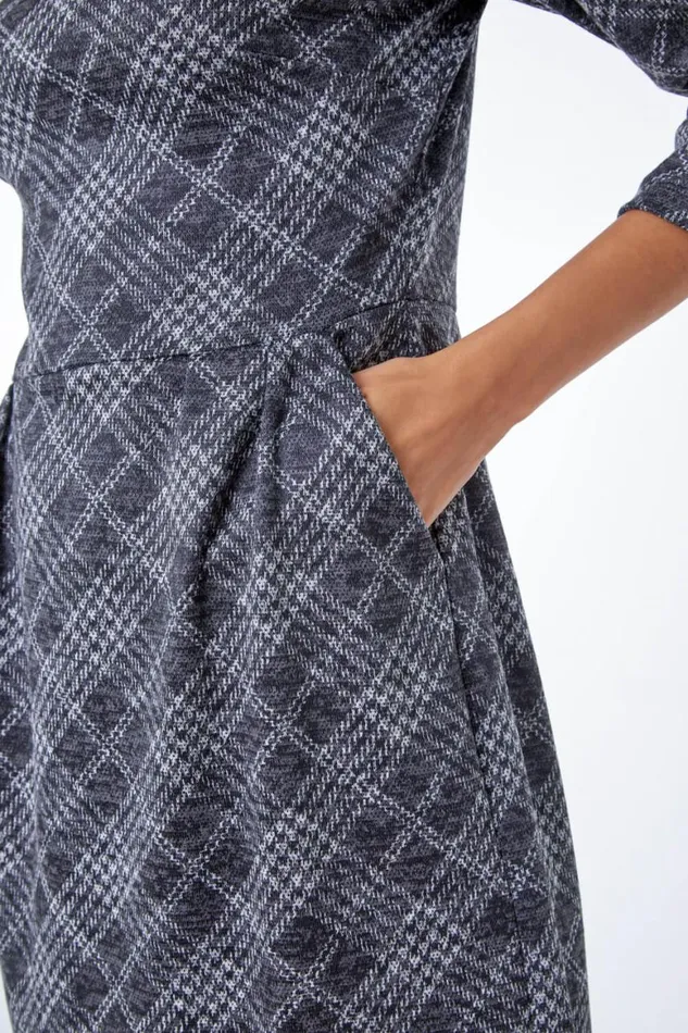 Women Dark Grey Checked Pleat Front Dress Roman Dresses