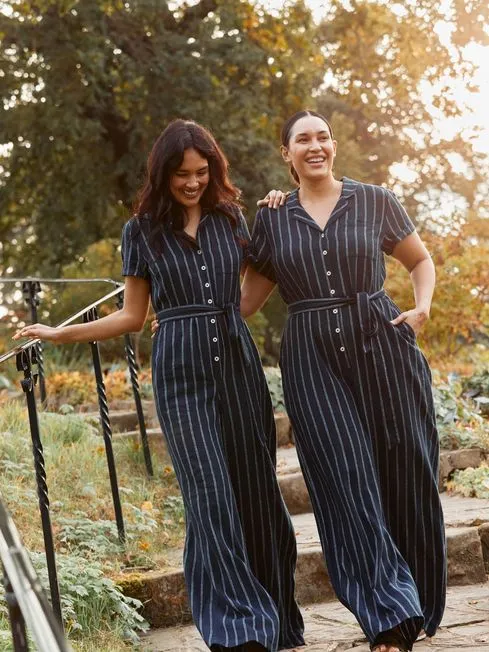 Women Fatface Jumpsuits and Playsuits Blue Acre Stripe Linen Blend Jumpsuit