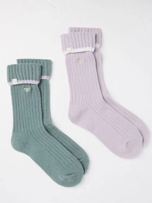 Women Fatface Loungewear Green 2 Pairs Of Bee Embroidered Cosy Socks