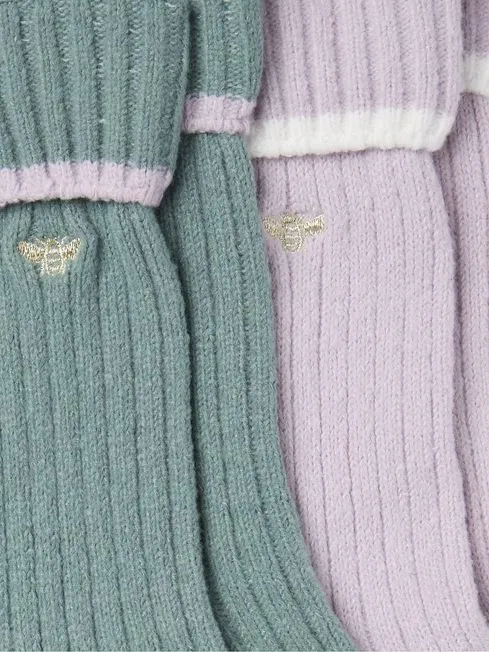 Women Fatface Loungewear Green 2 Pairs Of Bee Embroidered Cosy Socks Women Fatface Loungewear Green 2 Pairs Of Bee Embroidered Cosy Socks