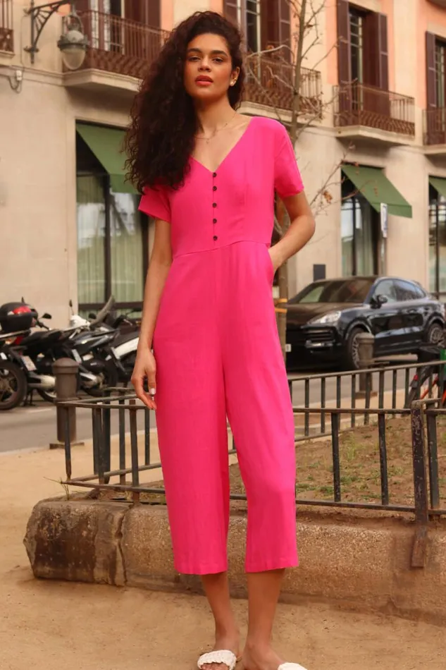 Women Fuchsia Cotton Blend Culotte Jumpsuit Roman Jumpsuits and Playsuits