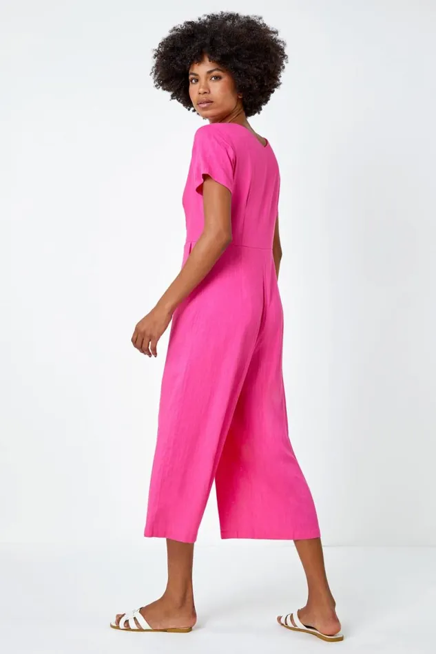 Women Fuchsia Cotton Blend Culotte Jumpsuit Roman Jumpsuits and Playsuits