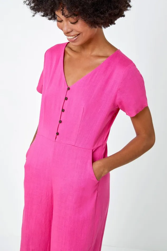 Women Fuchsia Cotton Blend Culotte Jumpsuit Roman Jumpsuits and Playsuits