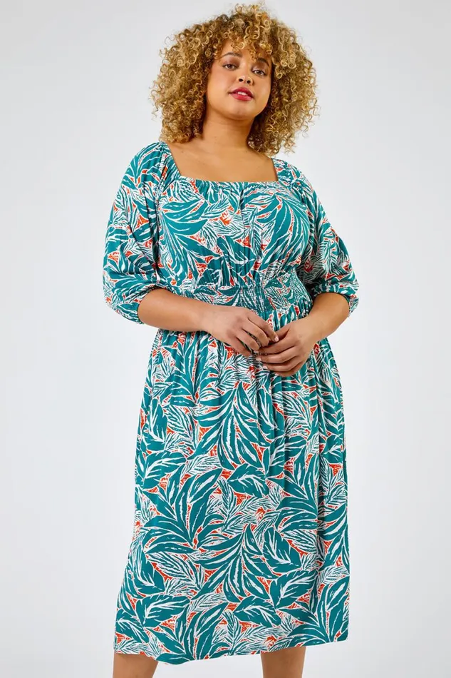 Women Green Curve Palm Leaf Print Shirred Midi Dress Roman Dresses