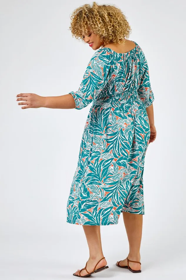 Women Green Curve Palm Leaf Print Shirred Midi Dress Roman Dresses