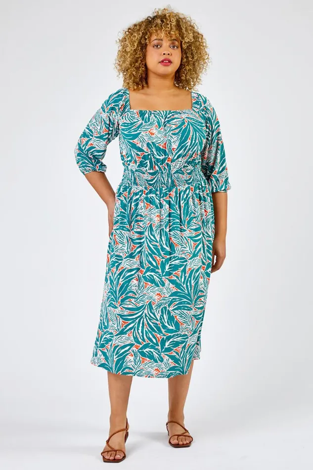 Women Green Curve Palm Leaf Print Shirred Midi Dress Roman Dresses