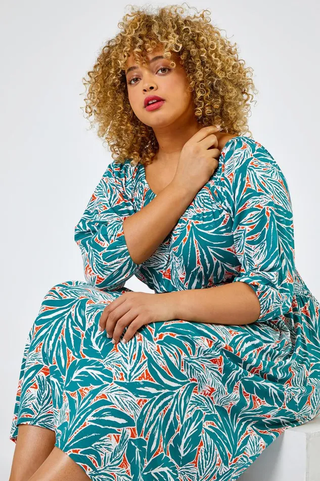 Women Green Curve Palm Leaf Print Shirred Midi Dress Roman Dresses