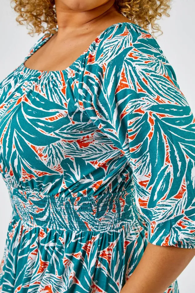 Women Green Curve Palm Leaf Print Shirred Midi Dress Roman Dresses