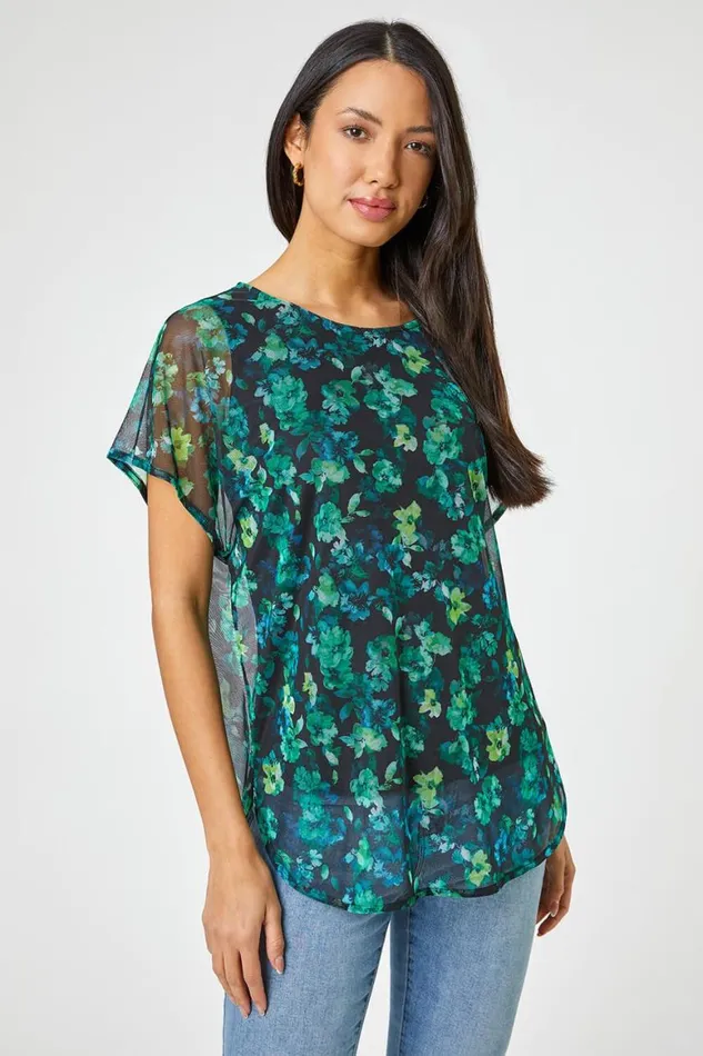 Women Green Floral Print Mesh Overlay Tunic Top Roman Tops