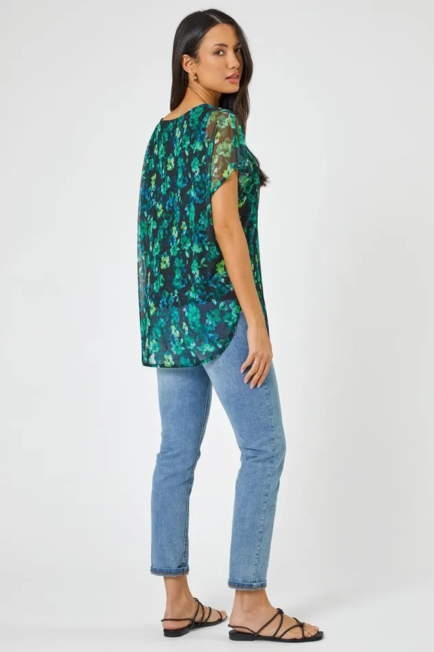 Women Green Floral Print Mesh Overlay Tunic Top Roman Tops