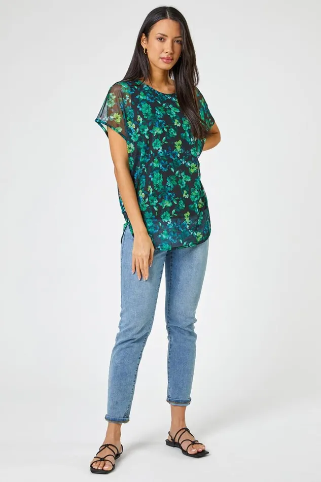 Women Green Floral Print Mesh Overlay Tunic Top Roman Tops