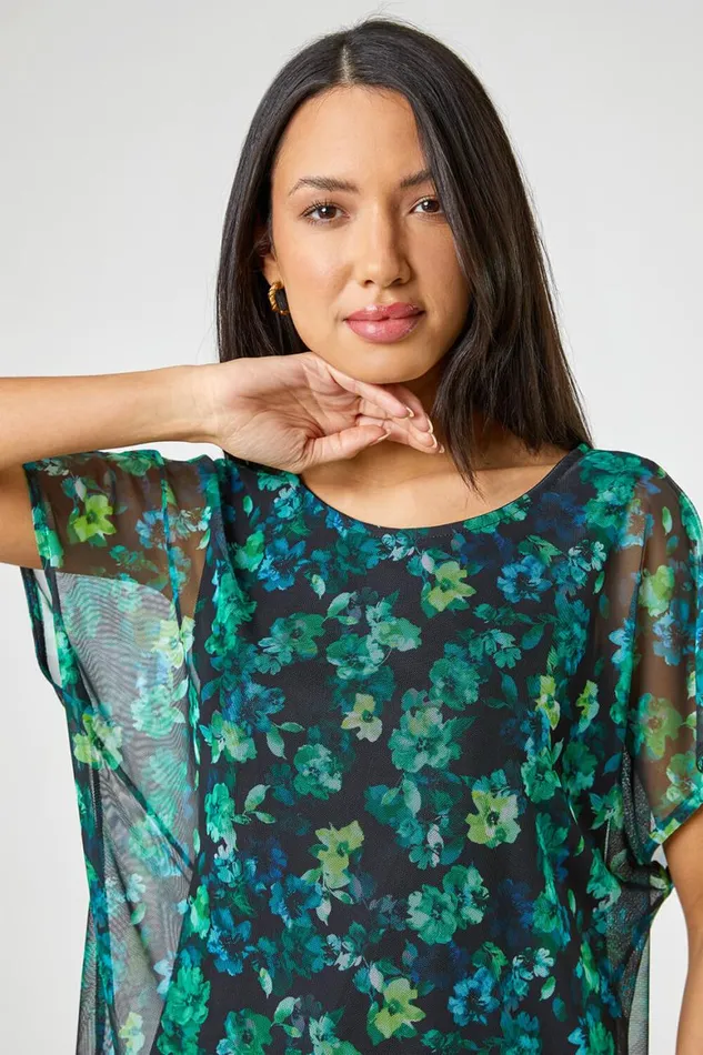 Women Green Floral Print Mesh Overlay Tunic Top Roman Tops