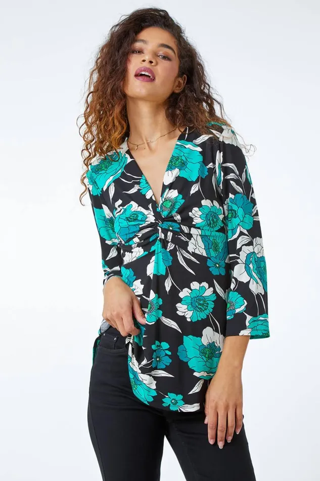 Women Green Floral Twist Detail Stretch Top Roman Tops