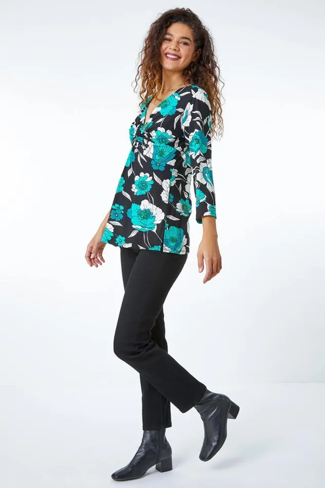 Women Green Floral Twist Detail Stretch Top Roman Tops