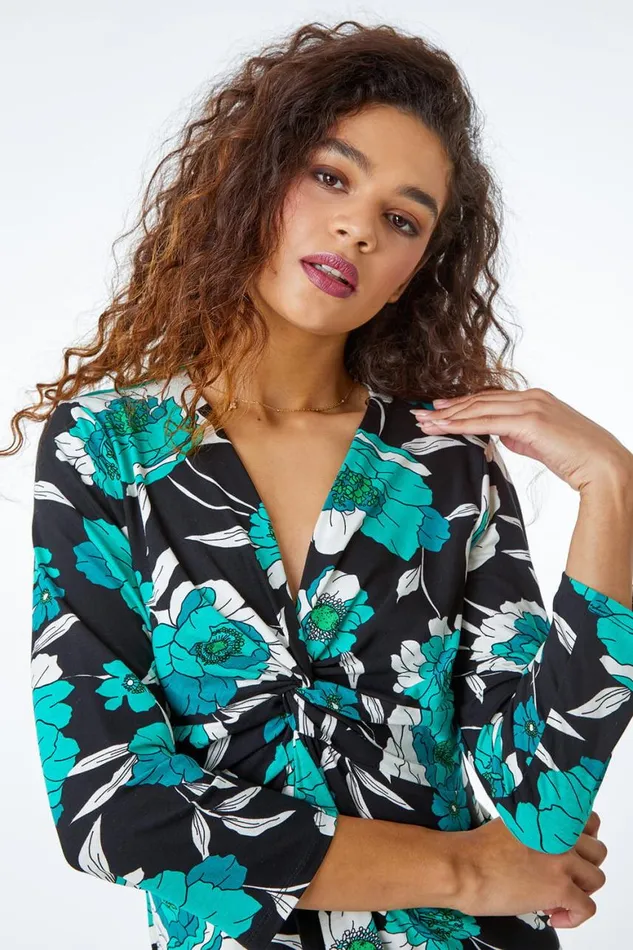 Women Green Floral Twist Detail Stretch Top Roman Tops