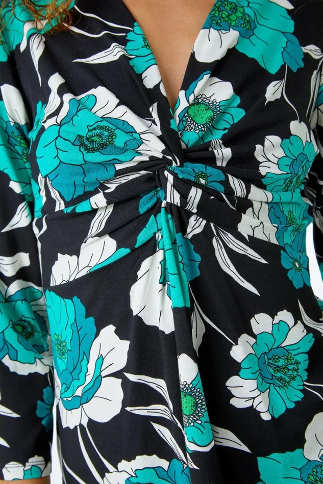 Women Green Floral Twist Detail Stretch Top Roman Tops