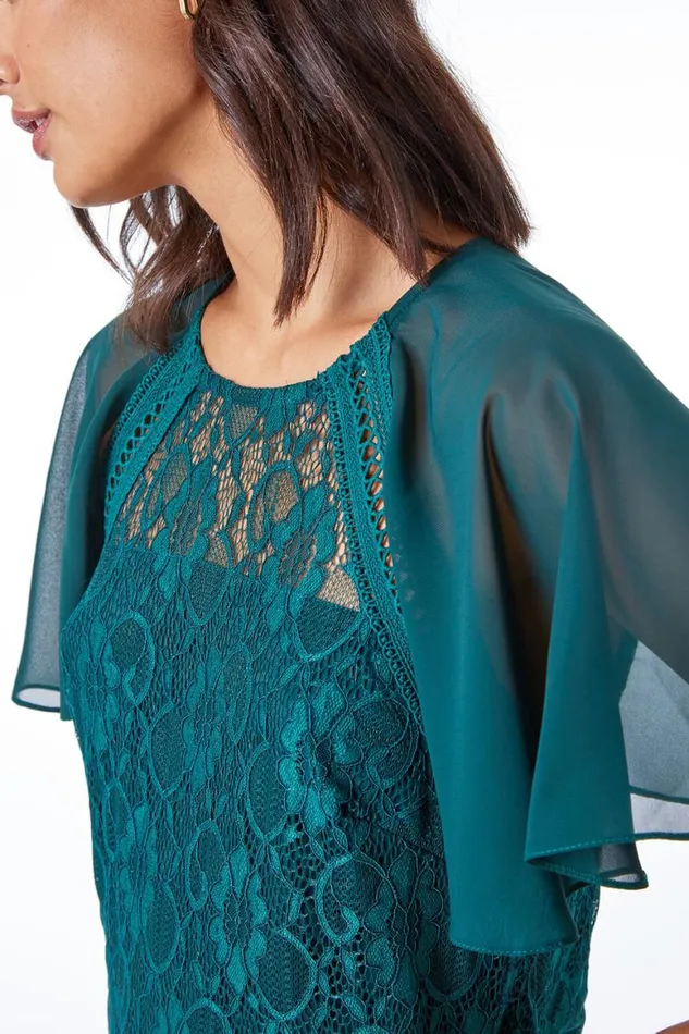 Women Green Lace Chiffon Sleeve Shell Top Roman Tops