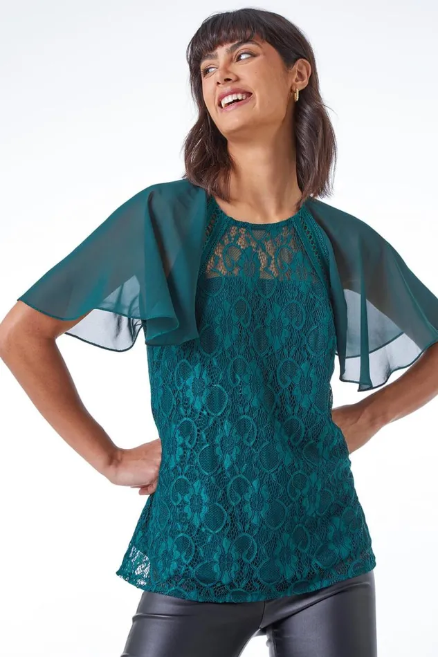 Women Green Lace Chiffon Sleeve Shell Top Roman Tops