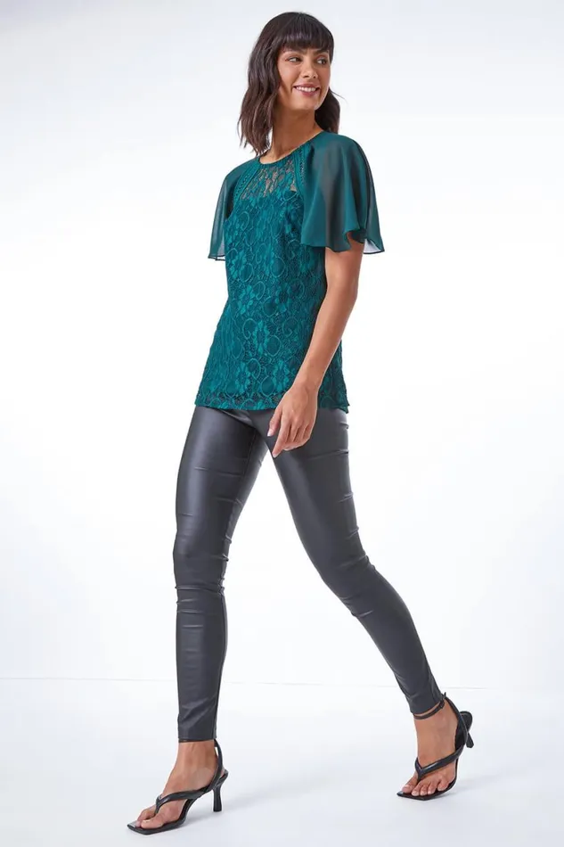 Women Green Lace Chiffon Sleeve Shell Top Roman Tops