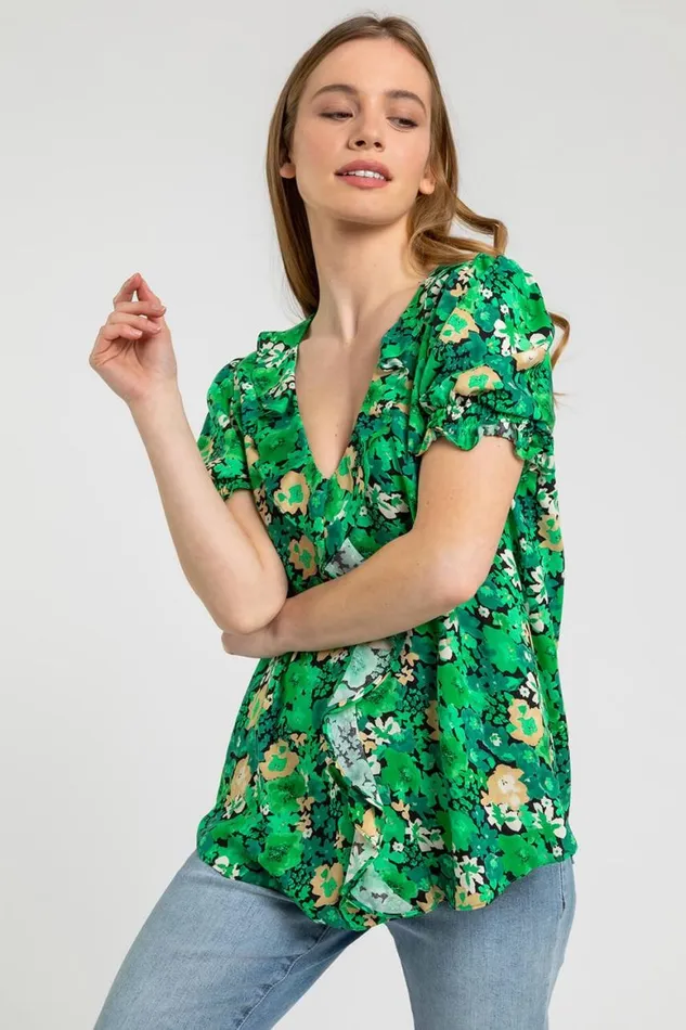 Women Green Petite Floral Print Frill Detail Top Roman Tops