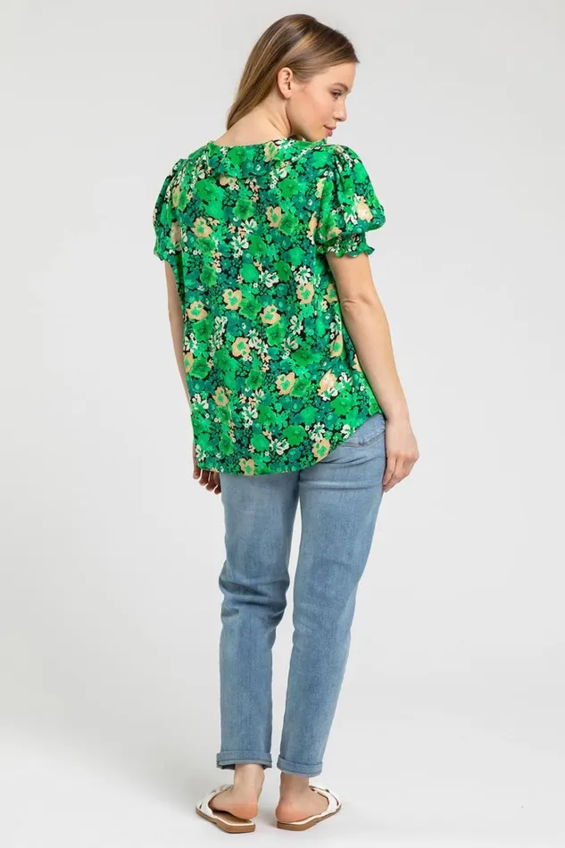 Women Green Petite Floral Print Frill Detail Top Roman Tops