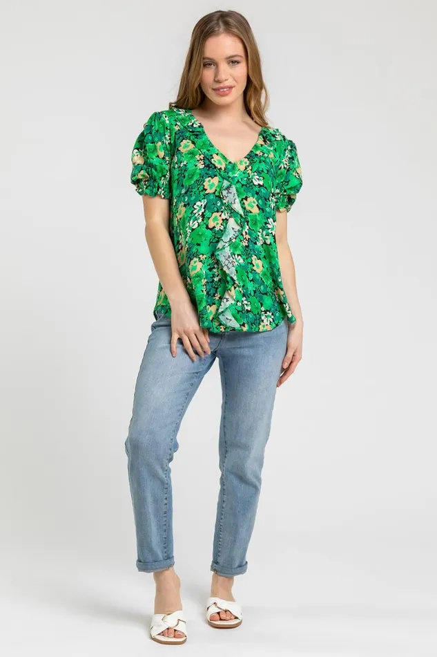 Women Green Petite Floral Print Frill Detail Top Roman Tops