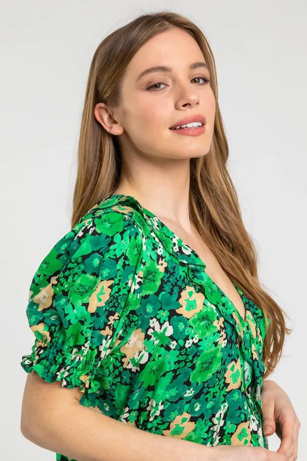 Women Green Petite Floral Print Frill Detail Top Roman Tops