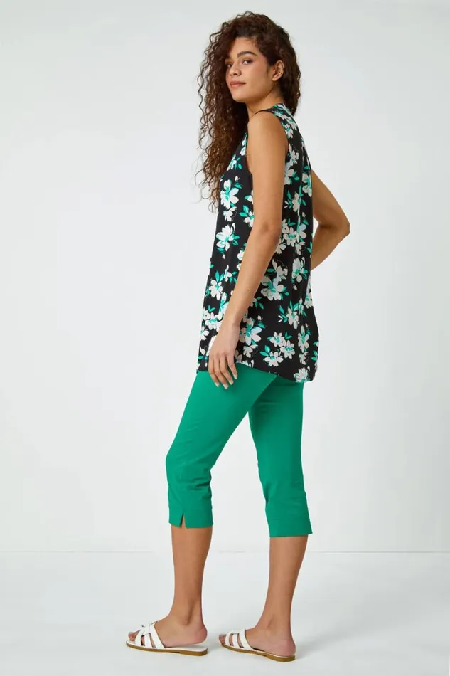 Women Green Sleeveless VNeck Floral Print Smock Top Roman Tops