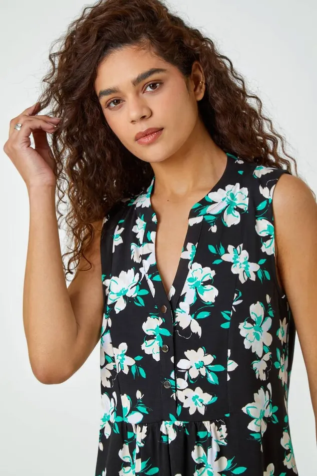 Women Green Sleeveless VNeck Floral Print Smock Top Roman Tops