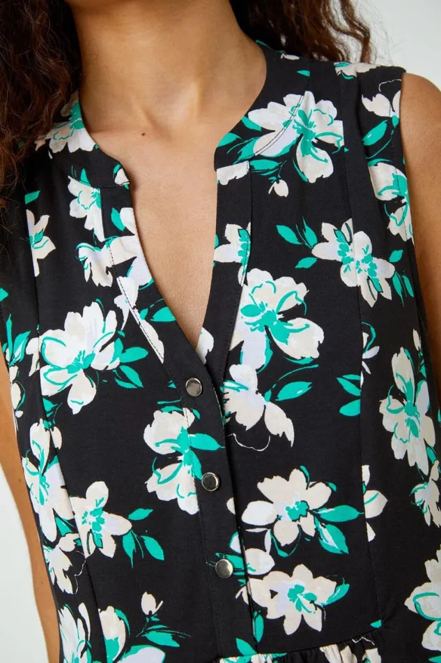 Women Green Sleeveless VNeck Floral Print Smock Top Roman Tops