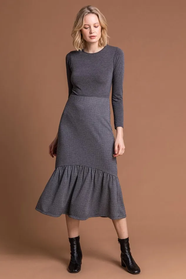 Women Grey Houndstooth Tiered Midi Skirt Roman Dresses
