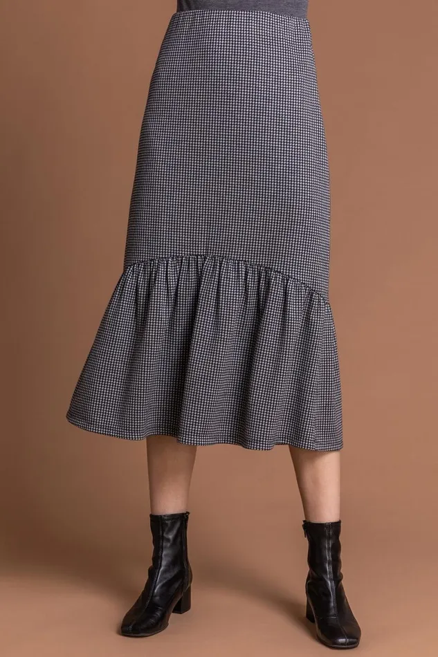 Women Grey Houndstooth Tiered Midi Skirt Roman Dresses