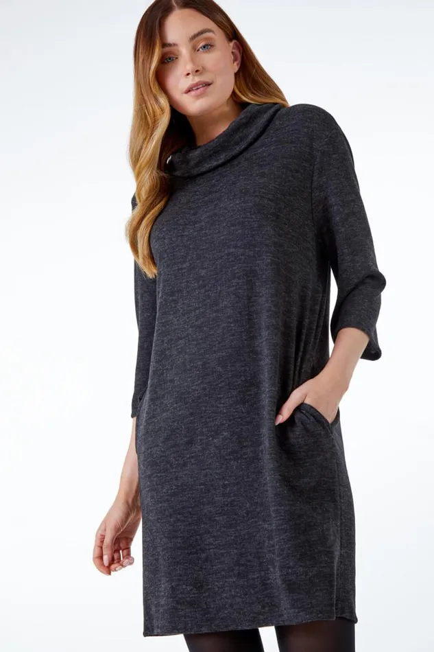 Women Grey Oversized Cowl Neck Textured Dress Roman Dresses