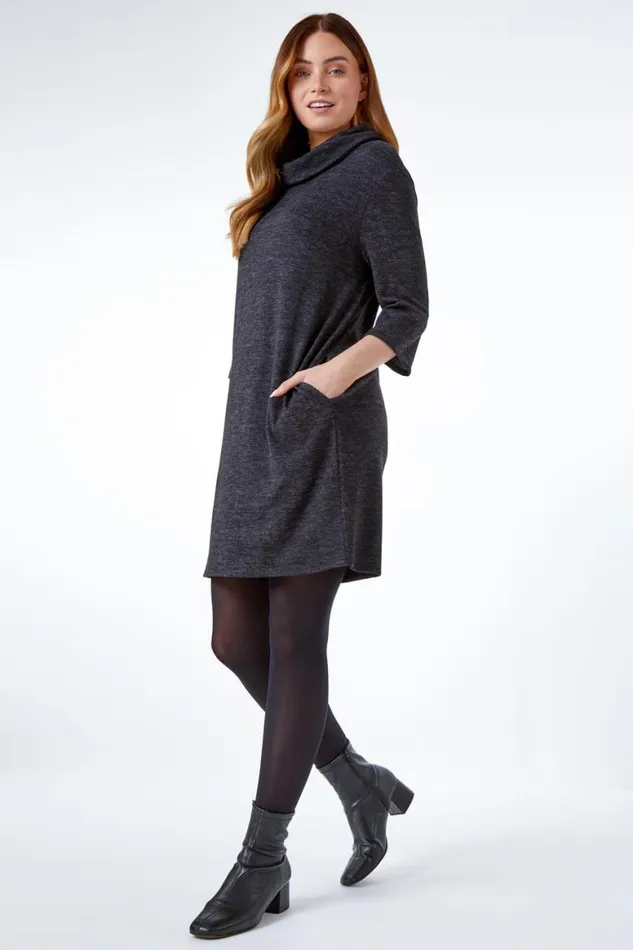 Women Grey Oversized Cowl Neck Textured Dress Roman Dresses
