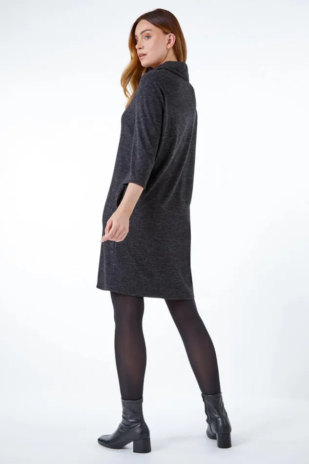 Women Grey Oversized Cowl Neck Textured Dress Roman Dresses