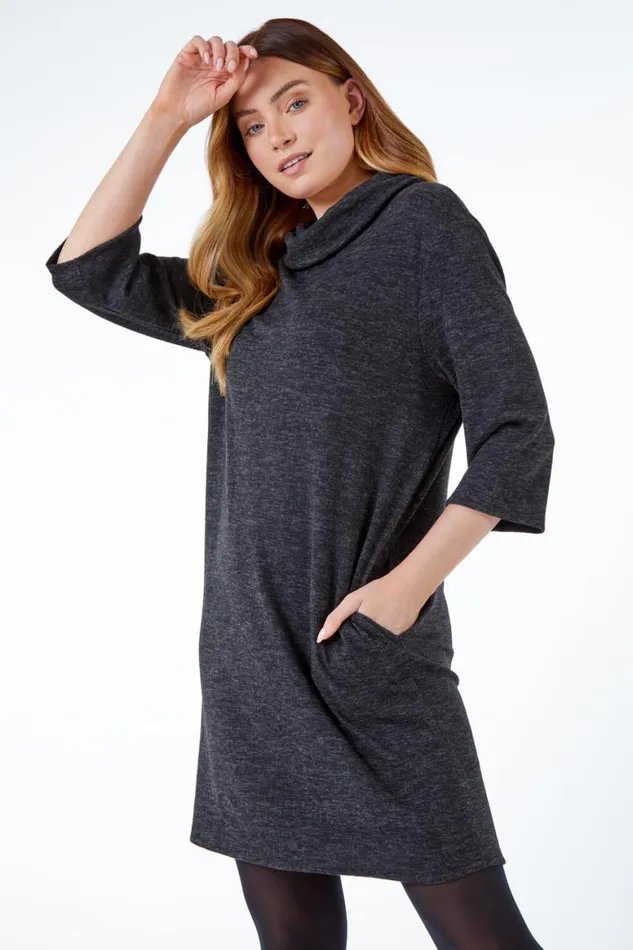 Women Grey Oversized Cowl Neck Textured Dress Roman Dresses