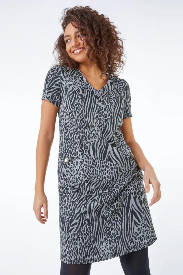 Women Grey Petite Animal Pocket Tunic Dress Roman Dresses