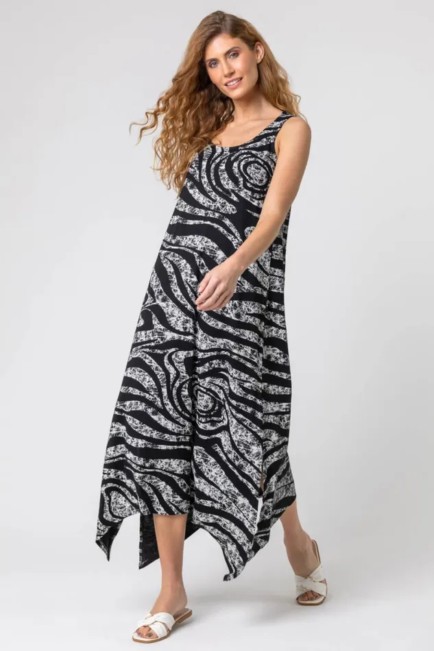 Women Grey Zebra Print Hanky Hem Maxi Dress Roman Dresses