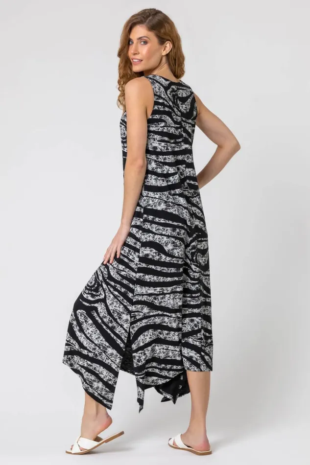 Women Grey Zebra Print Hanky Hem Maxi Dress Roman Dresses