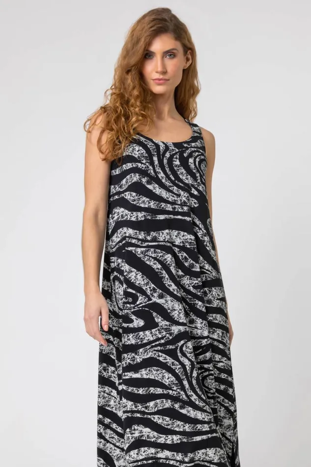 Women Grey Zebra Print Hanky Hem Maxi Dress Roman Dresses