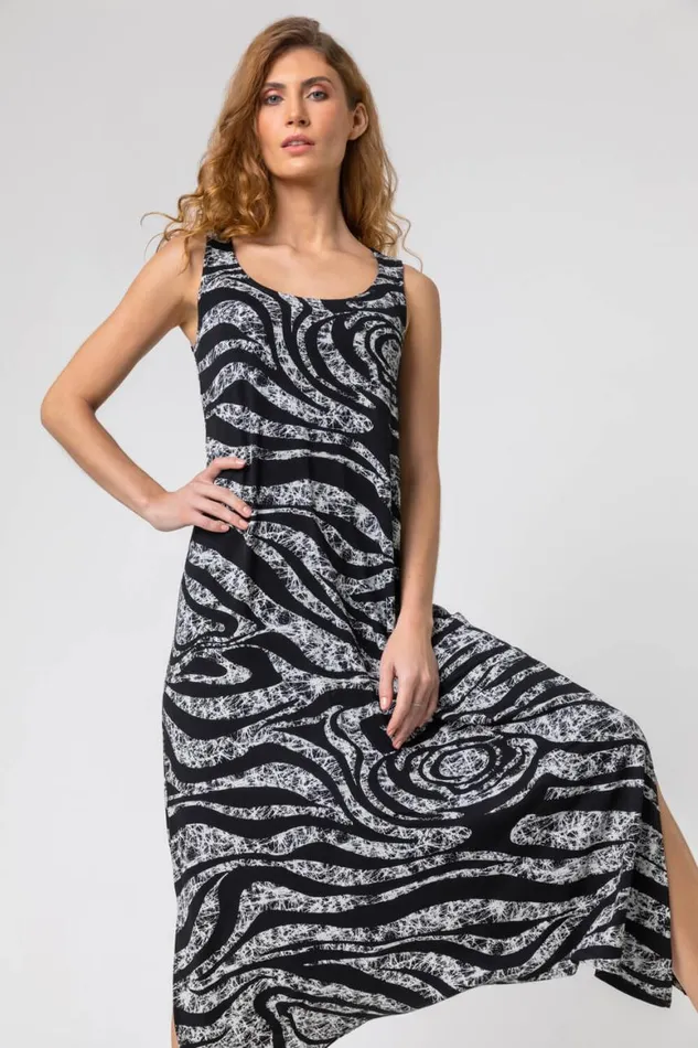 Women Grey Zebra Print Hanky Hem Maxi Dress Roman Dresses