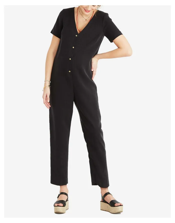Women HATCH Collection Maternity Noelle Button Front Jumpsuit Black Madewell Jumpsuits and Overalls