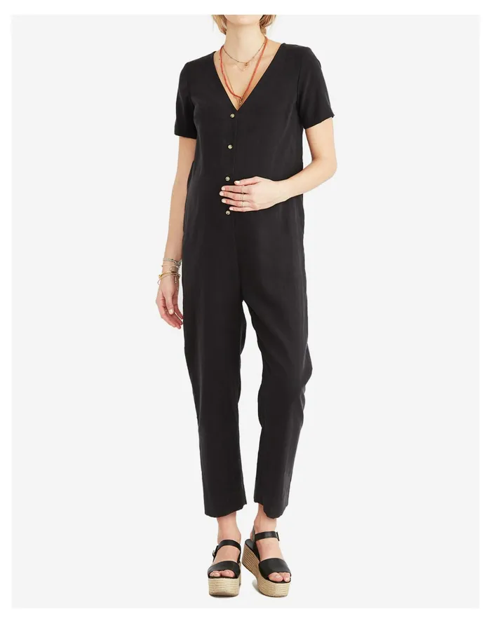 Women HATCH Collection Maternity Noelle Button Front Jumpsuit Black Madewell Jumpsuits and Overalls