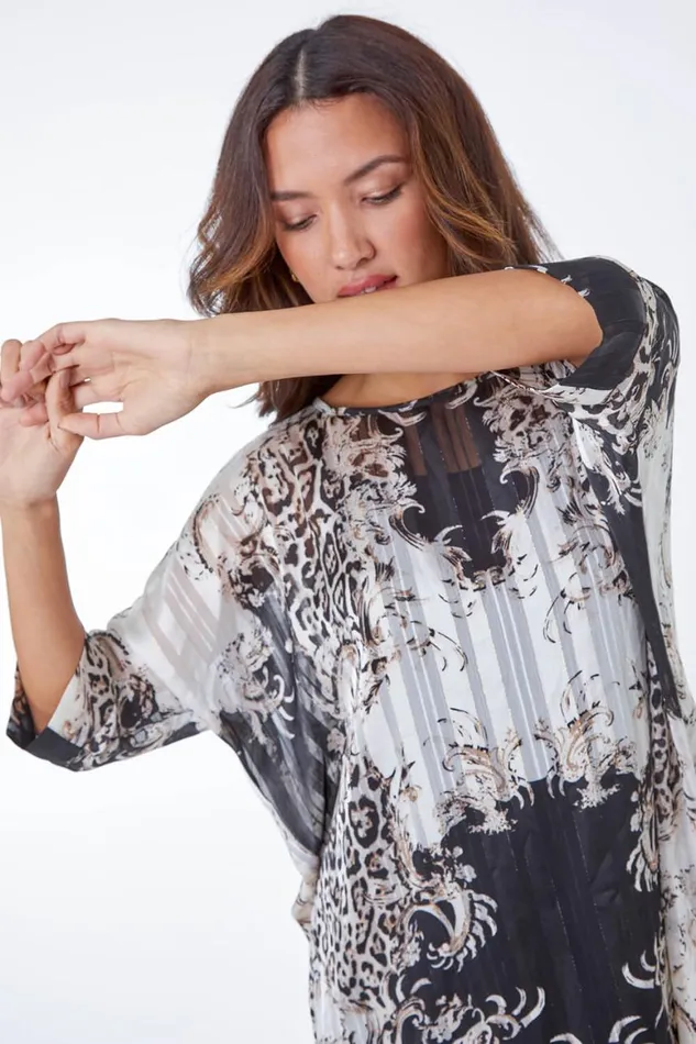Women Ivory Mixed Animal Print Overlay Top Roman Tops